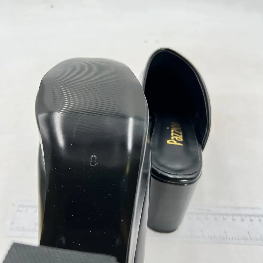 Pazzion Black Thick Platform Round Toe Clog Mule Slip On Block High Heel Slipper